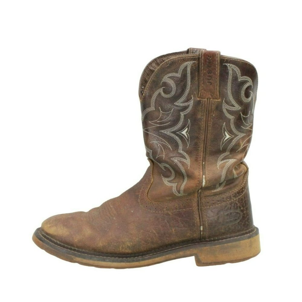 Justin Brown Leather Pull On Round Toe Mid Calf Western Boots Size 11.5 EE - Picture 1 of 9
